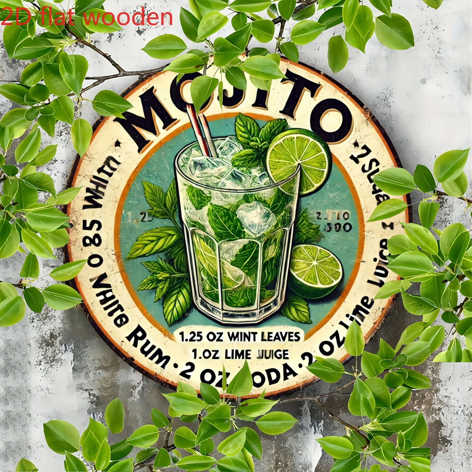 

Retro Mojito Cocktail Recipe Wall Art - Vintage Wood Hanging Sign, 7.87” Kitchen Bar Decor, No Electricity Needed, 2D Flat