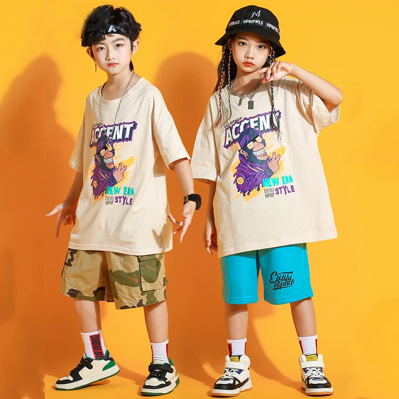 Girls Boys Jazz Dance Costumes Kids Hip Hop Clothes Short Sleeved Top Camouflage Shorts Kpop Outfit Street Dancewear SL7077