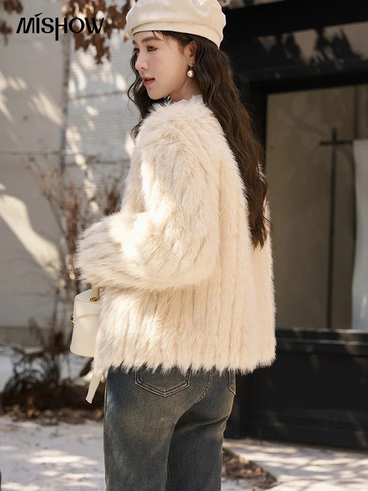 MISHOW Fashion Fluffy Faux Fur Coat Women Winter V-neck High Quality Pu Leather Spliced Jacket Woman Short Outwear MXC52W0269