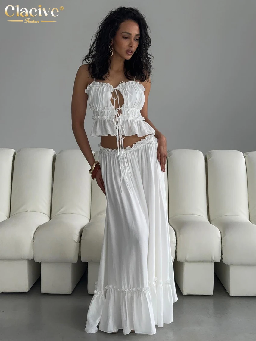 

Clacive Sexy Loose White Women's Two Pieces Set 2025 Summer Sleeveless Tank Top With Mid Waist Maxi Skirt Set Female Streetwear