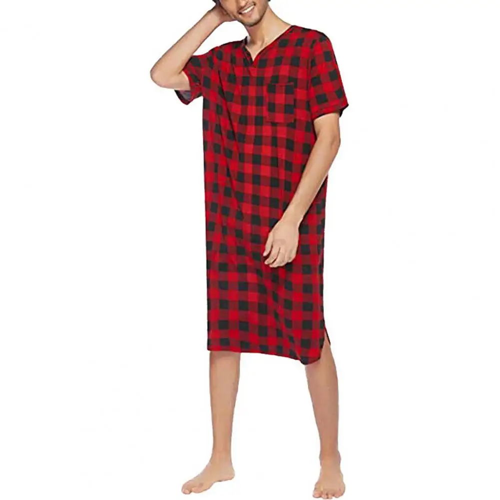 V-neck Pajamas Plaid Print Men's Summer Pajamas with Short Sleeves Chest Pocket V Neck Casual Sleep Robe One-piece for Comfort