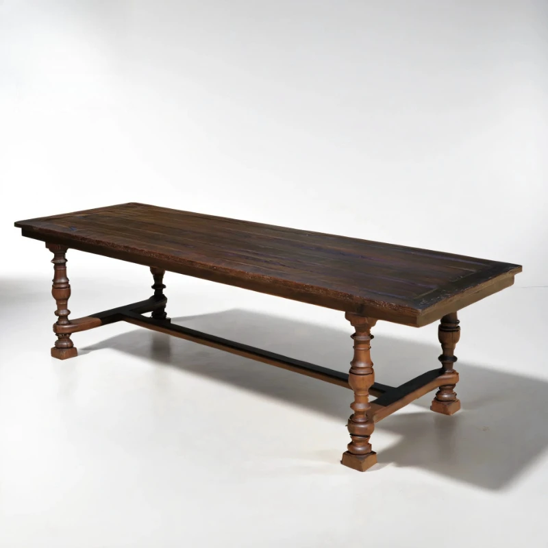 Ancient wood H-shaped retro long table, old floor weathered surface solid wood dining table