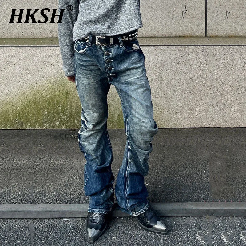 

HKSH Spring Summer New Men's Tide Chic American High Street Button Pleated Jeans Casual Vintage Distressed Straight Pants HK6300