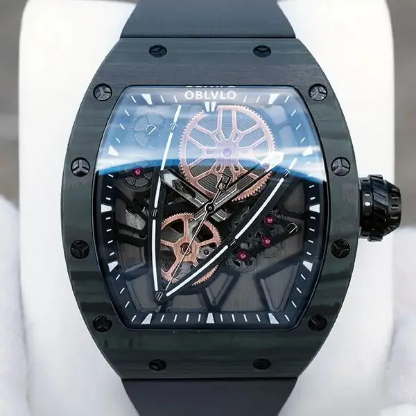 

Мужские автоматические часы OBLVLO 43 мм, механические наручные часы в форме бочки, с люминесцентным циферблатом, водонепроницаемость 50 м, сапфировое стекло, скелетонизированный циферблат, ремешок FKM