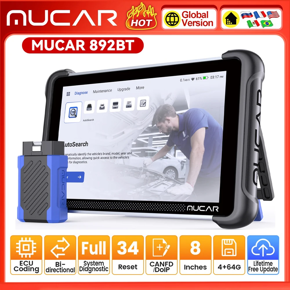 MUCAR 892BT Professional Diagnostic Tools CANFD DOIP ECU Coding 34 Resets Lifetime Free Update Full System OBD2 Scanner VS 689BT