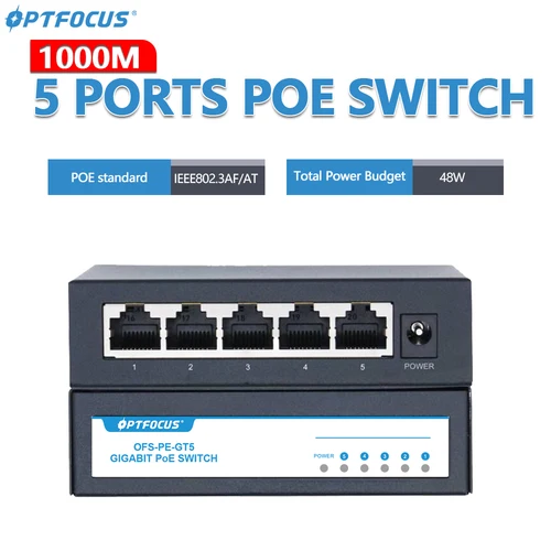 OPTFOCUS 48V POE interruptor Ethernet activo 100M 1000Mbps 802.3af 802.3at ethernet hub splitter derivación potencia Gigabit interruptor hub PoE