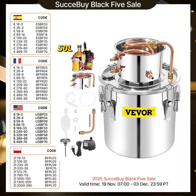 Vevor 50l moonshine ainda destilador de álcool com bomba de água de cobre inoxidável diy casa cerveja etanol vinho óleo essencial kit