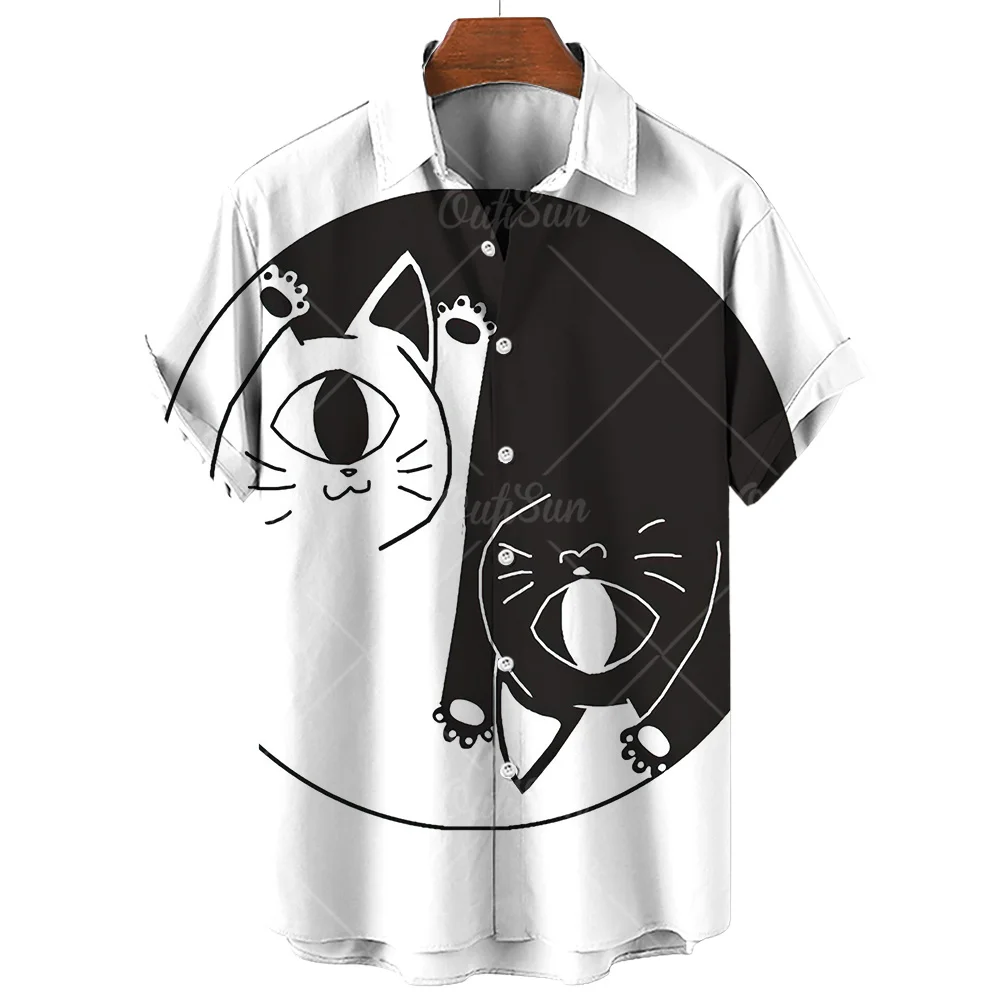 Kawaii Cat Print Summer Beach Party Men's Shirts Casual Oversized Short Sleeve Fashion Single-Breasted Blouses Trend Men Clothes