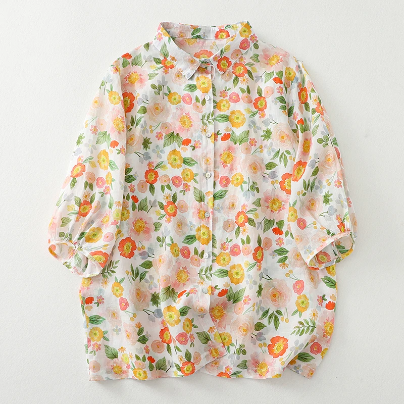 صيف جديد طباعة الأزهار رقيقة القطن البوليستر مزيج المرأة فضفاضة كبيرة الحجم طوق ortsve irt تخفيف Sle Regu... #3