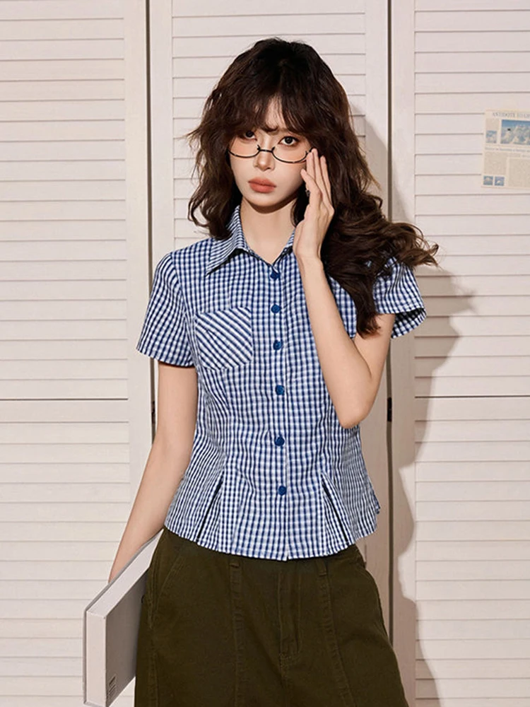 

Zoki Vintage American Plaid Shirt Women Slim Preppy Style Short Sleeve Blouse Casual Pocket Retro Female Single Breasted Tops