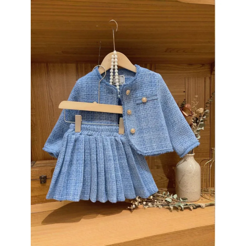 2026 Girls French Premium Short Skirt Set Spring Girl Coat Skirt Two Piece Set Autumn Elegant Outfits Kids Wear