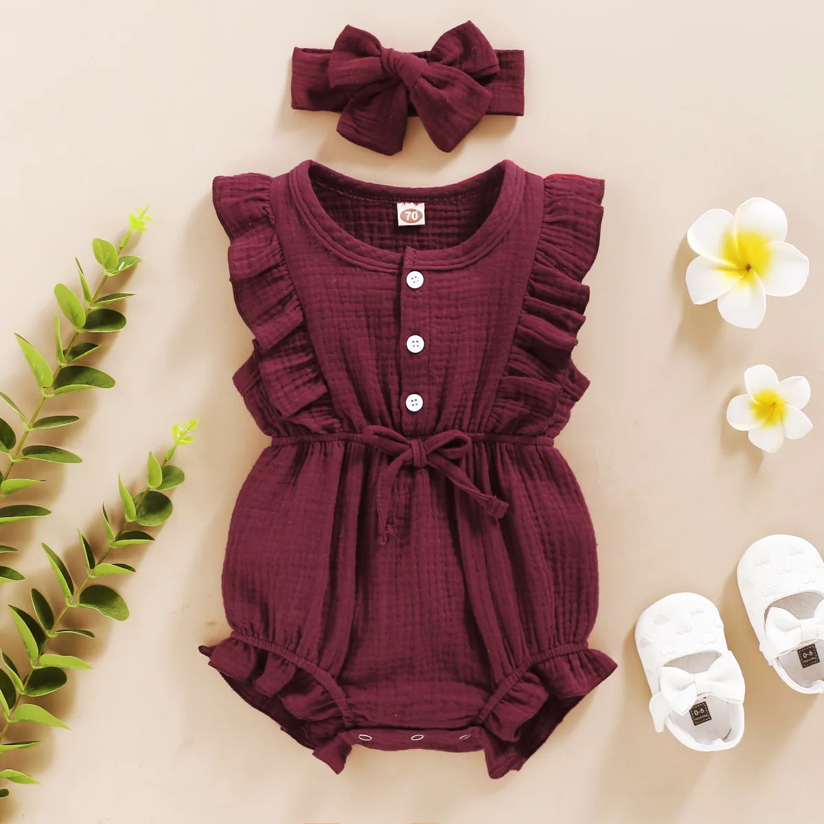 New Infant Toddler Born Baby Girls Romper + Headband Cotton Linen Ruffles Rompers Kids Onepiece Fashion Baby Clothing