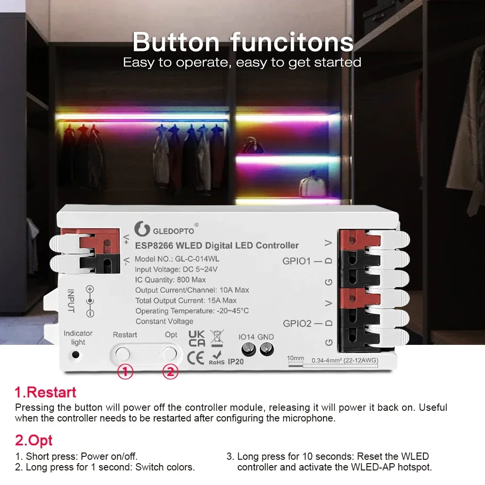 Imagem -02 - Gledopto Esp8266 Wled Controlador Led Dinâmico 800 Faça Você Mesmo Controle de Aplicativo para Ws2811 Ws2812 Sk6812 Tm1814 Ws2815 Pixel Strip Módulo Luz