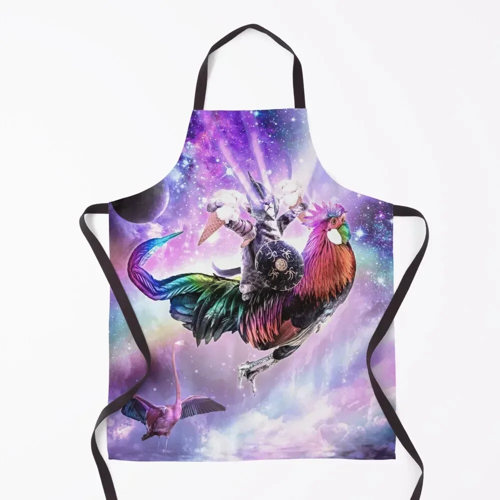 

Laser Warrior Space Cat On Chicken Eating Ice Cream Apron Women Kitchen'S New year's Barber Apron
