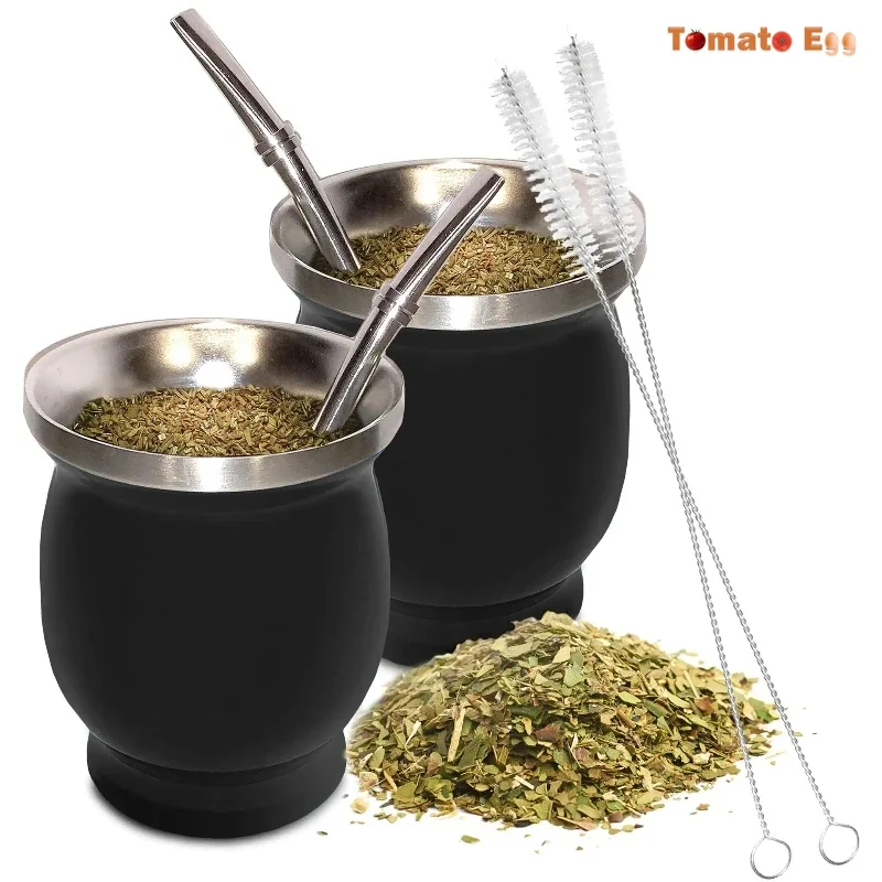 Yerba Mate Cup 304 Stainless Steel Double Wall 8oz Argentine Yerba Mate Gourd with Bombillas and Cleaning Brush