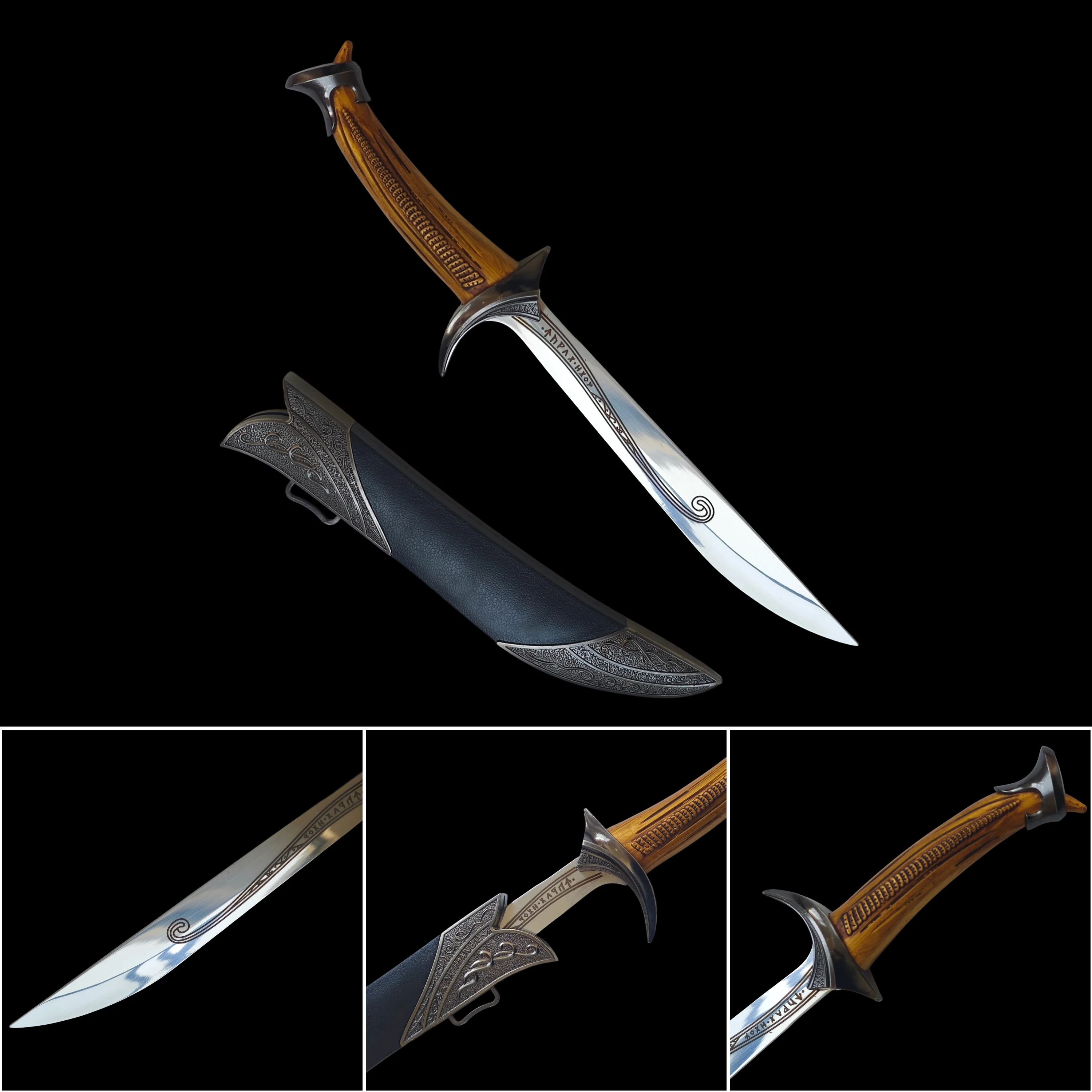 黒の鞘と茶色のハンドル、短剣、切れ味のない、ステンレス鋼の刃、フィルムスタイル、コスプレ、小剣、誕生日プレゼント