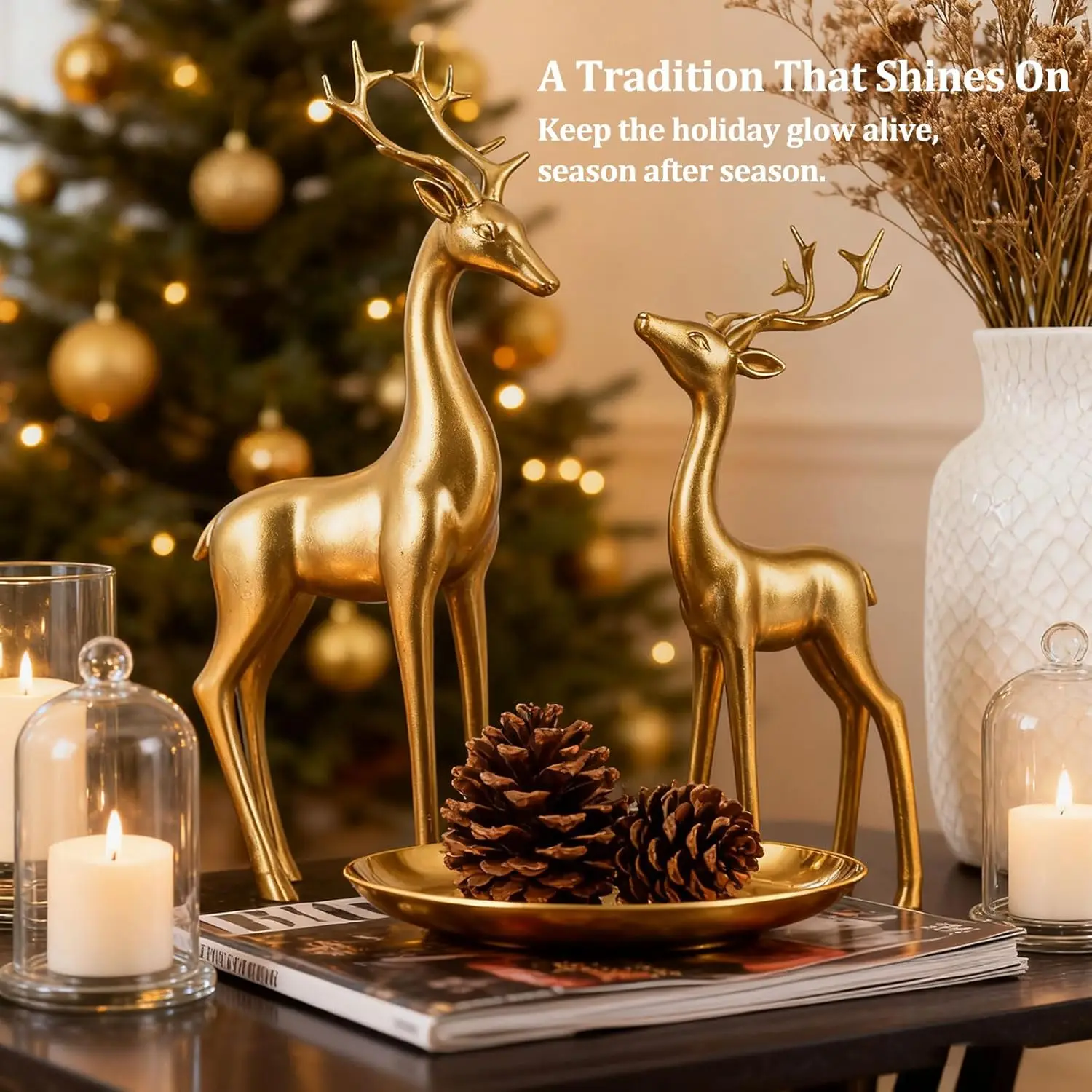 Figuras grandes de renos dorados, estatuas de ciervos de resina de 13" de alto para decoración navideña, adornos para el hogar de mesa o estante