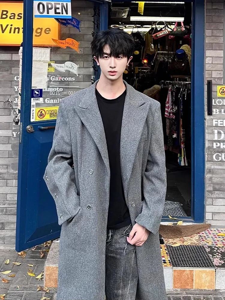 

Мужское шерстяное пальто на осень-зиму с утолщенными плечевыми накладками, ветрозащитное, в британском и корейском стиле, удлиненное, верхняя одежда