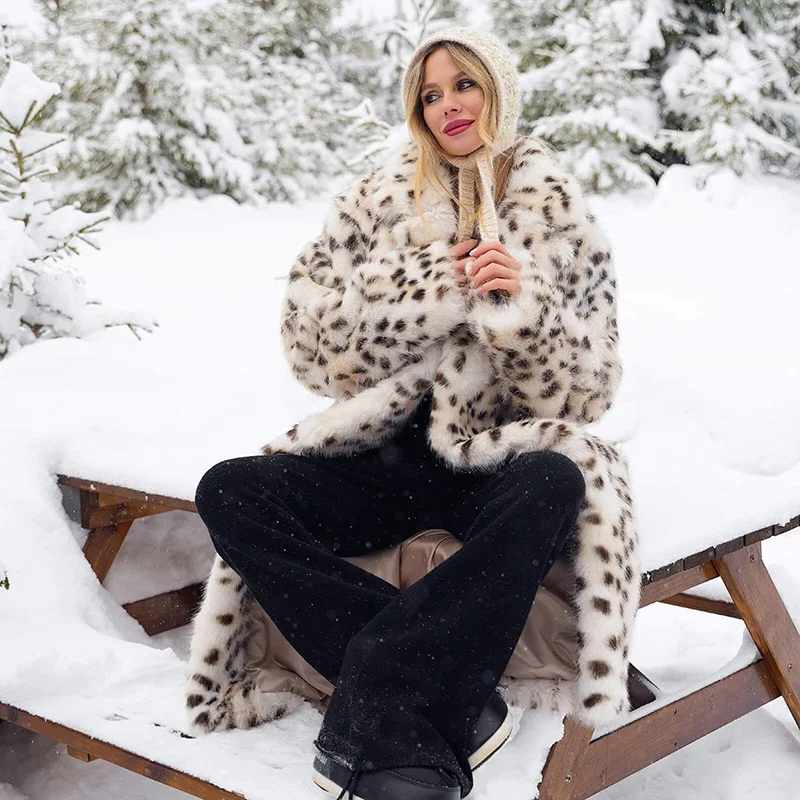 Neo Mint Luxury Maxi Long Leopard Belted Faux Fur Coat Women Winter 2024 Brand Fashion Mob Wife Vibe Fox Fur Jacket Overcoat