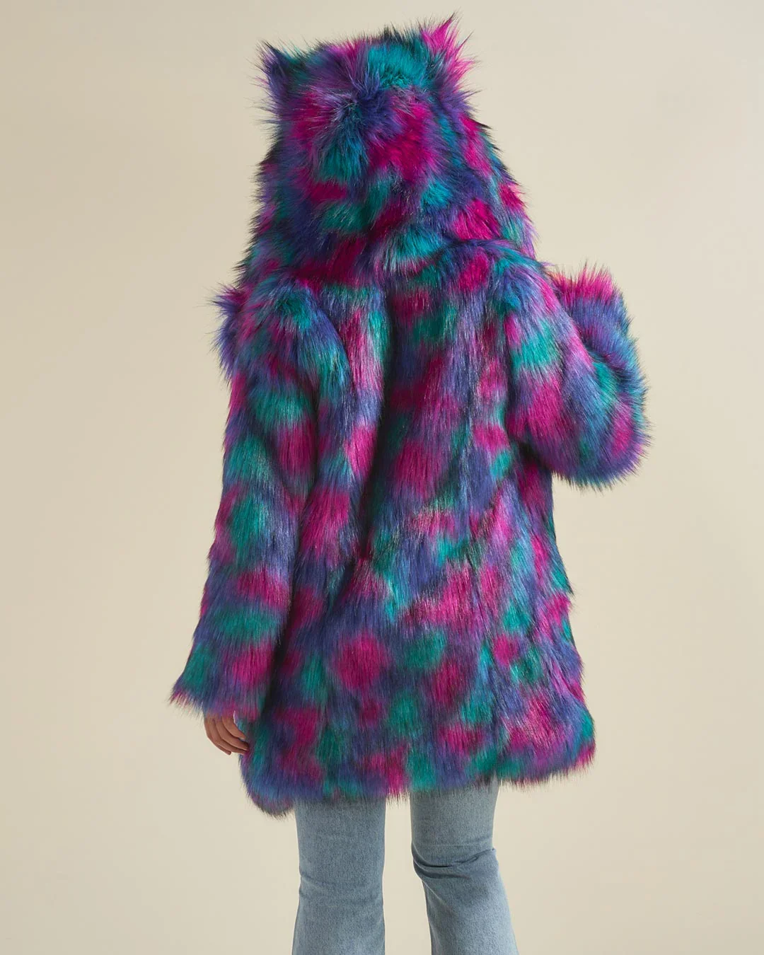 Women's faux fur coat, midi hooded animal ears dazzling patchwork, fashionable classic fake fur coat