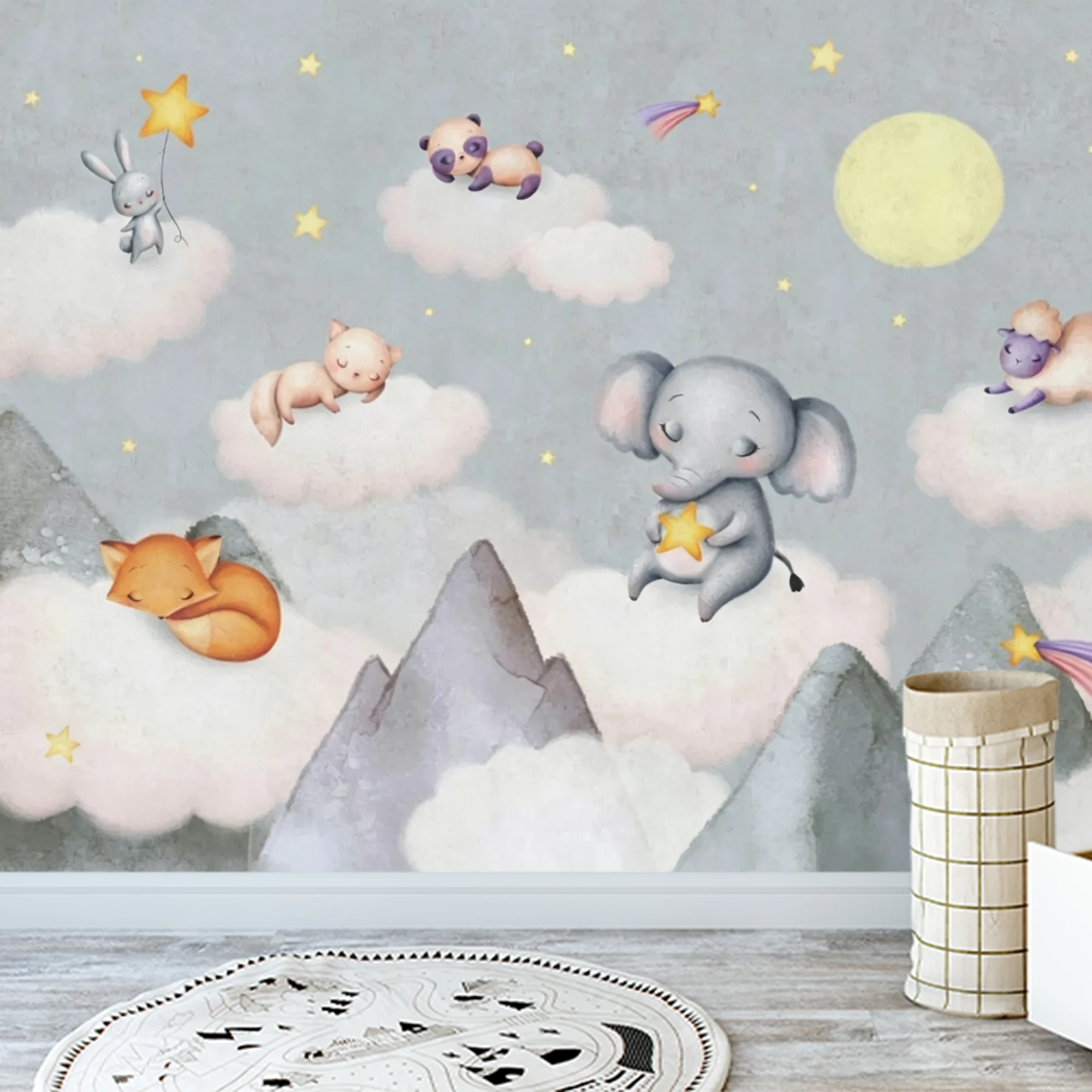 Custom Mural Wallpaper Kids Dreamy Peel And Stick Wall Mural Elephant Fox Rabbit Cloud Moon Star For Nursery Bedroom Home Decor