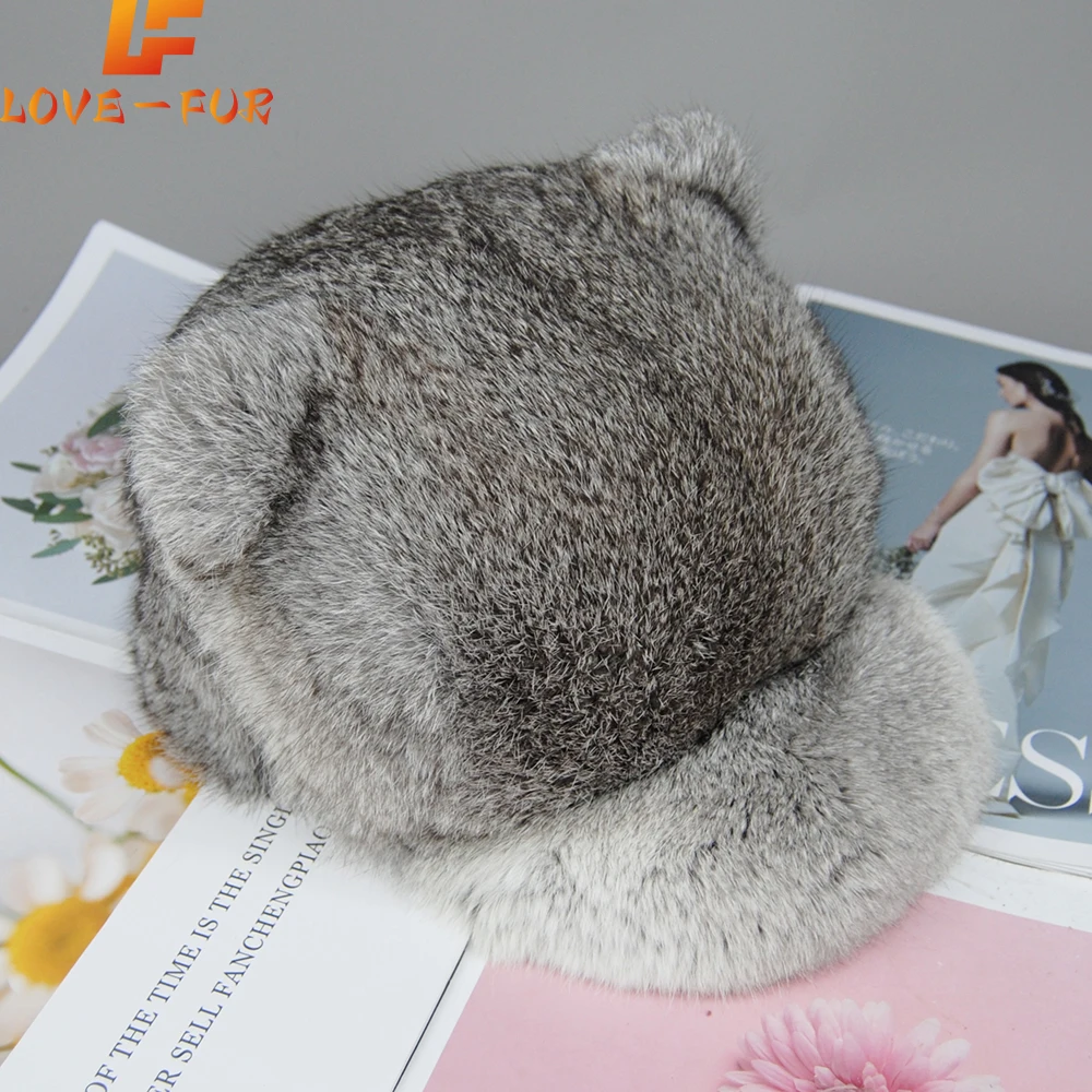 New Rabbit Fur Hats with Tail Cute Girls Cat Hats for Women Winter Warm Solid Genuine Luxury Fur Cap High Quality Female Fur Hat