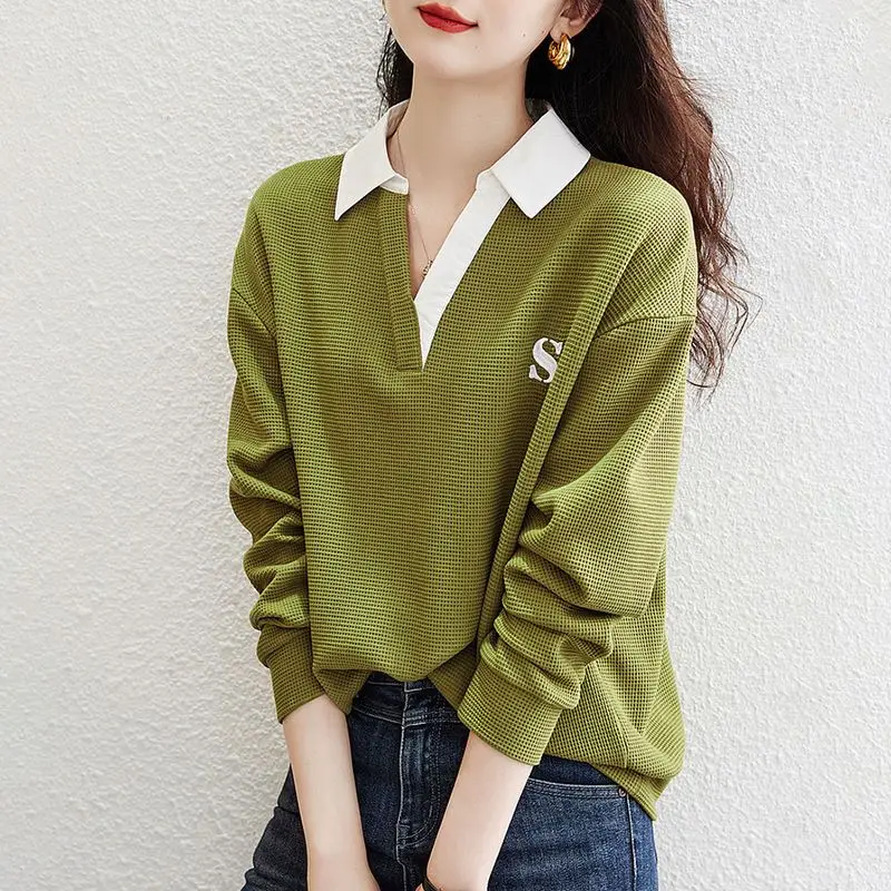 Fashion Lapel Spliced Letter Embroidery T-Shirts Women's Clothing 2023 Autumn Winter Loose Casual Pullovers Commuter Tee Shirt