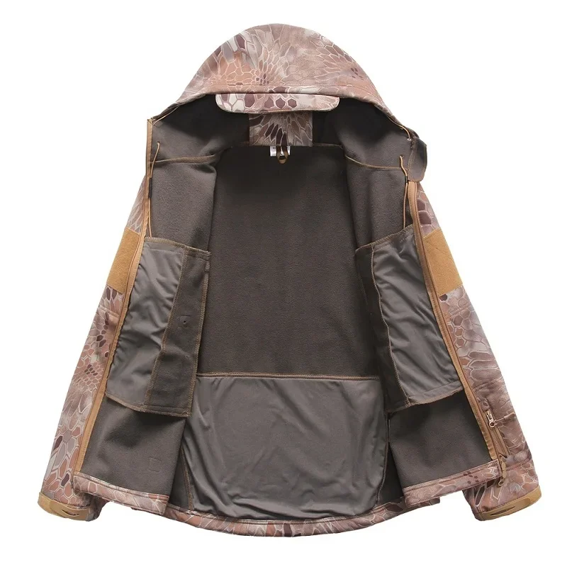 Men's Soft Shell Camouflage Hunting Jacket Winter Waterproof Fleece Tactical Jacket Outdoor Hiking Fishing Hooded Coat