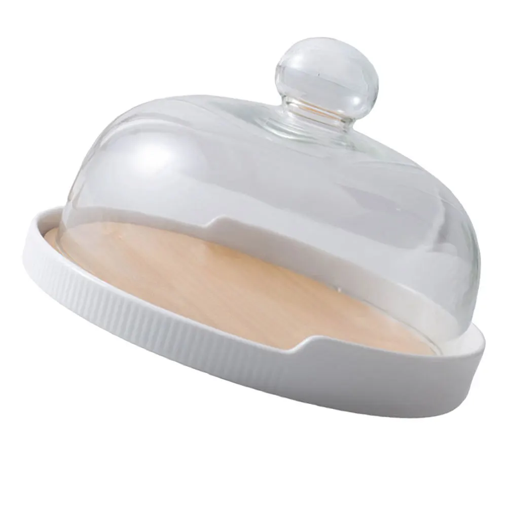 

1Set Cake Plate with Glass Cover Wooden Tray Set for Baking Dessert Display Rotating Food Storage Cover Kitchen Serving Tray