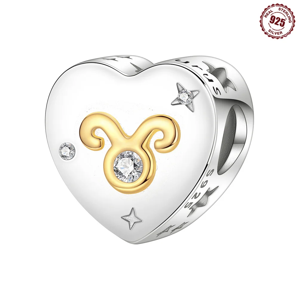 925 Sterling Silver Heart Shaped Taurus Zodiac Charm Two-Tone Gold Plated Taurus Sign beads Fit DIY Charm Bracelets Jewelry Gift