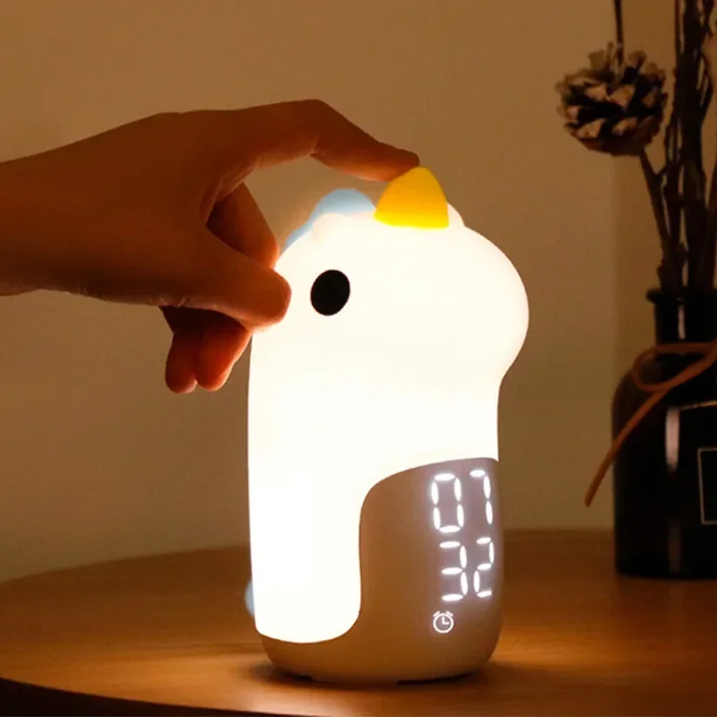 Reloj despertador de unicornio con luz nocturna, reloj despertador electrónico inteligente integrado para niños, accesorio de iluminación, regalo, luz nocturna pequeña