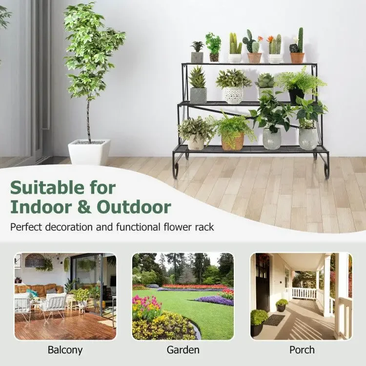 3단 금속 플랜트 스탠드 – 녹 방지, X형 프레임, 실내/실외 식물용 넓은 선반