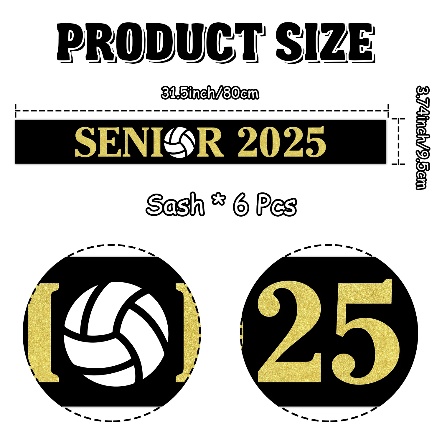 Funmemoir Senior Volleyball Sash 2025 Black Gold Volleyball Sash Sports Graduation Cheerleader Celebration Party Decorations