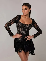 Sexy Long Sleeve Lace Corset Draped Mini Dress Women Black Square Collar Backless Ruched Bodycon Dresses Party Cocktail Gowns