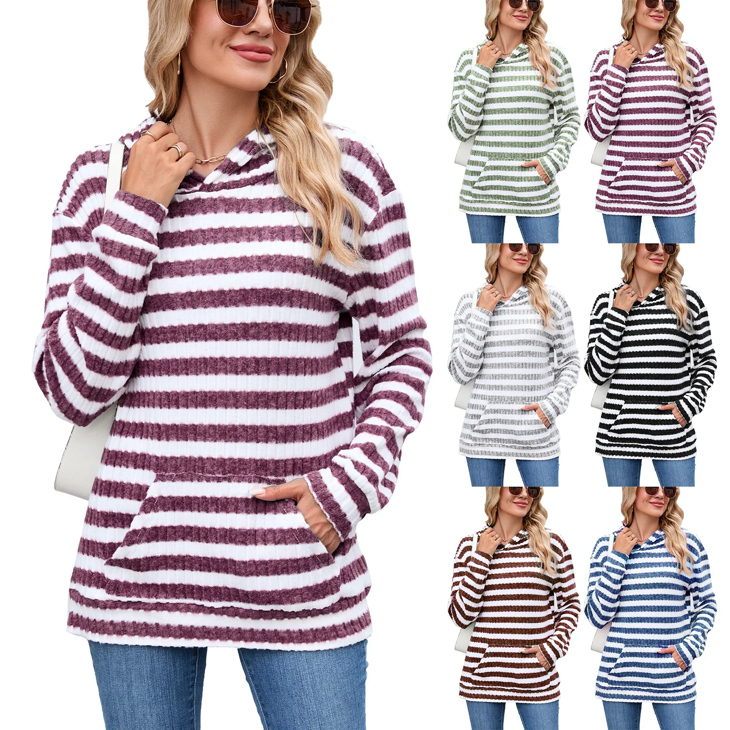 Abbigliamento Donna Hooded Striped Pullover Long Sleeve Pocket Office Commuting Versatile Pullover Sweatshirt Tops Woman's 2025