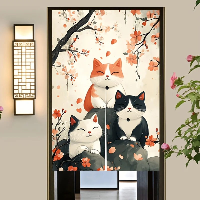 Vintage Cats Under Cherry Blossom Tree Door Curtain - Cute Retro Animal Room Divider Privacy Drape for Bedroom Living Room