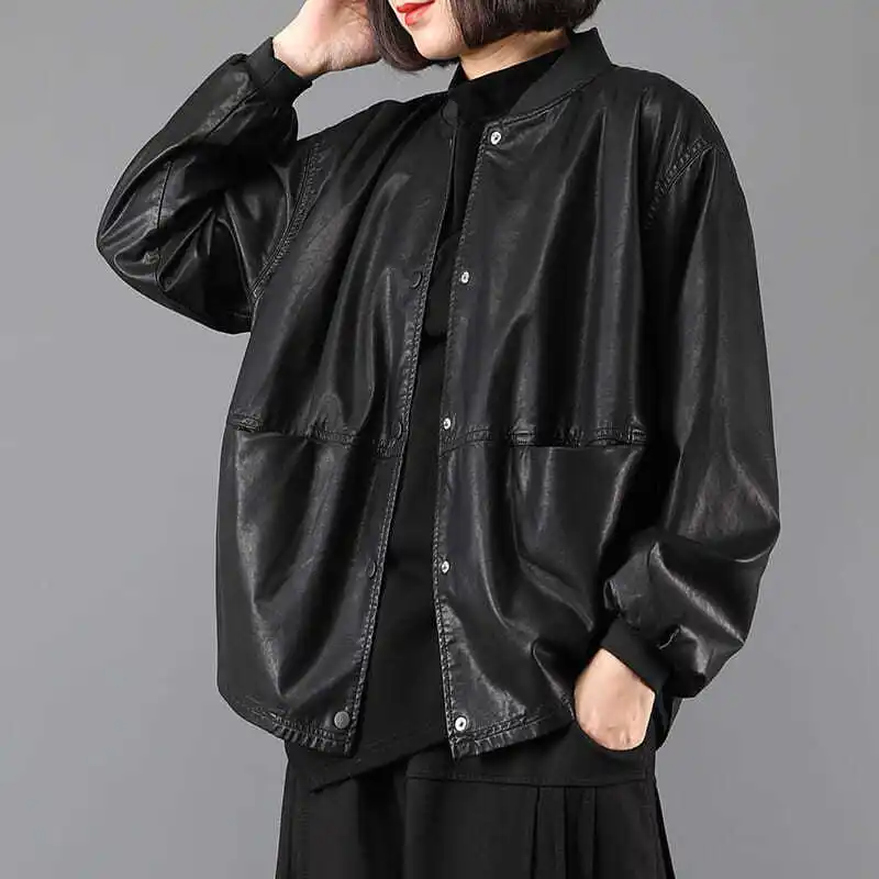 Women's Leather Jacket Coat Autumn New Loose Size Large Zipper Closure Long Sleeve Regular Length Commute Style Fashion
