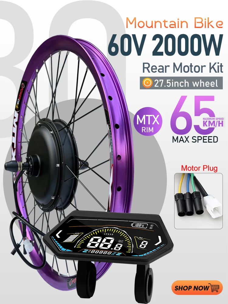 AliExpress LITTLE TT MTX Rim 60V 2000W Electric Bike Conversion Kit 27.5inch Brushless Non-gear Rear Rotate Wheel Hub Motor For Ebike Conversion Kit