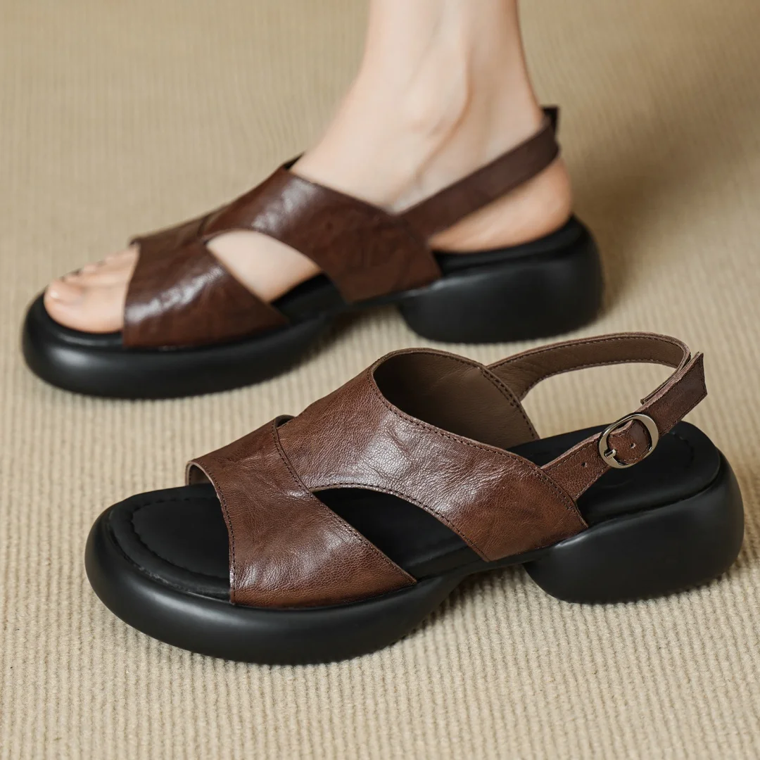 

danxuefei women's sheepskin narrow band patchwork hollow-out open toe summer sandals high quality soft comfort thick sole shoes