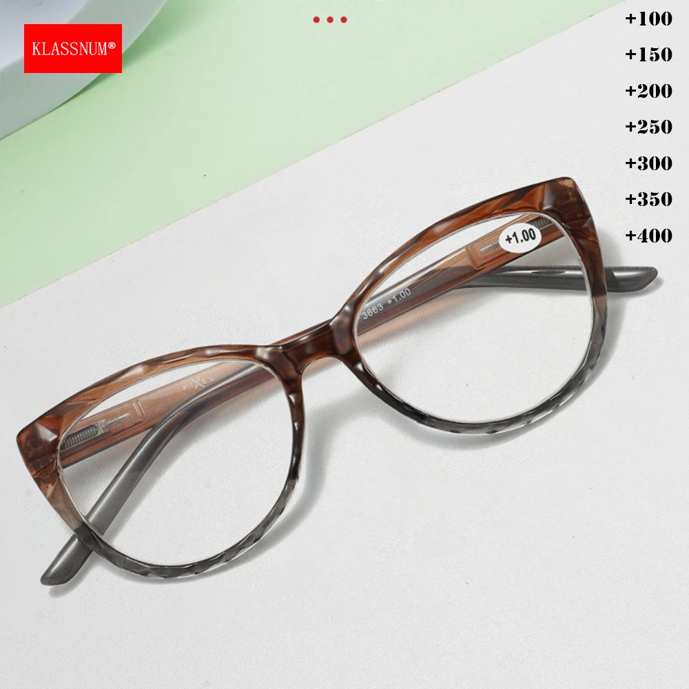 KLASSNUM Reading Glasses Women 2025 Trendy Cat Eye Magnifing Lens Color Blocked Frame Plus Presbyopia Eyewear +1.0+1.5+2.0+2.5