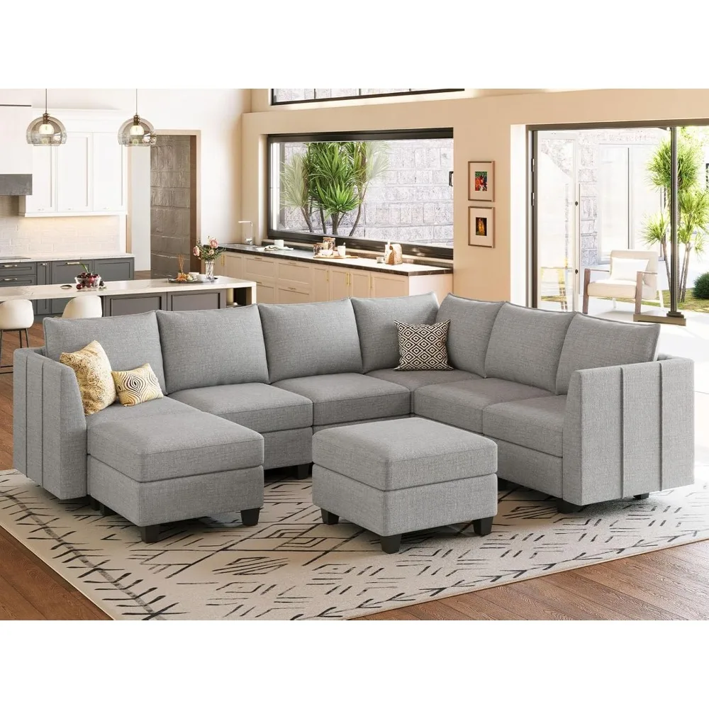 U Shaped Couch with Storage Ottoman Oversized Sectional Couch for Living Room, Light Grey, Living Room Sofas