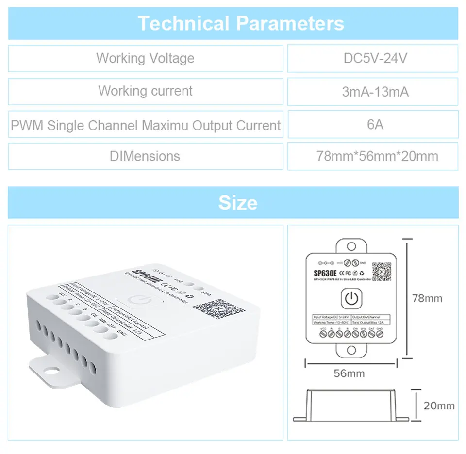 Wszystko w jednym kontroler LED SP630E 5CH PWM SPI pikseli dla taśmy LED WS2812B WS2811 SK6812 FCOB 5050 RGB RGBW CCT muzyka BT 5V-24V