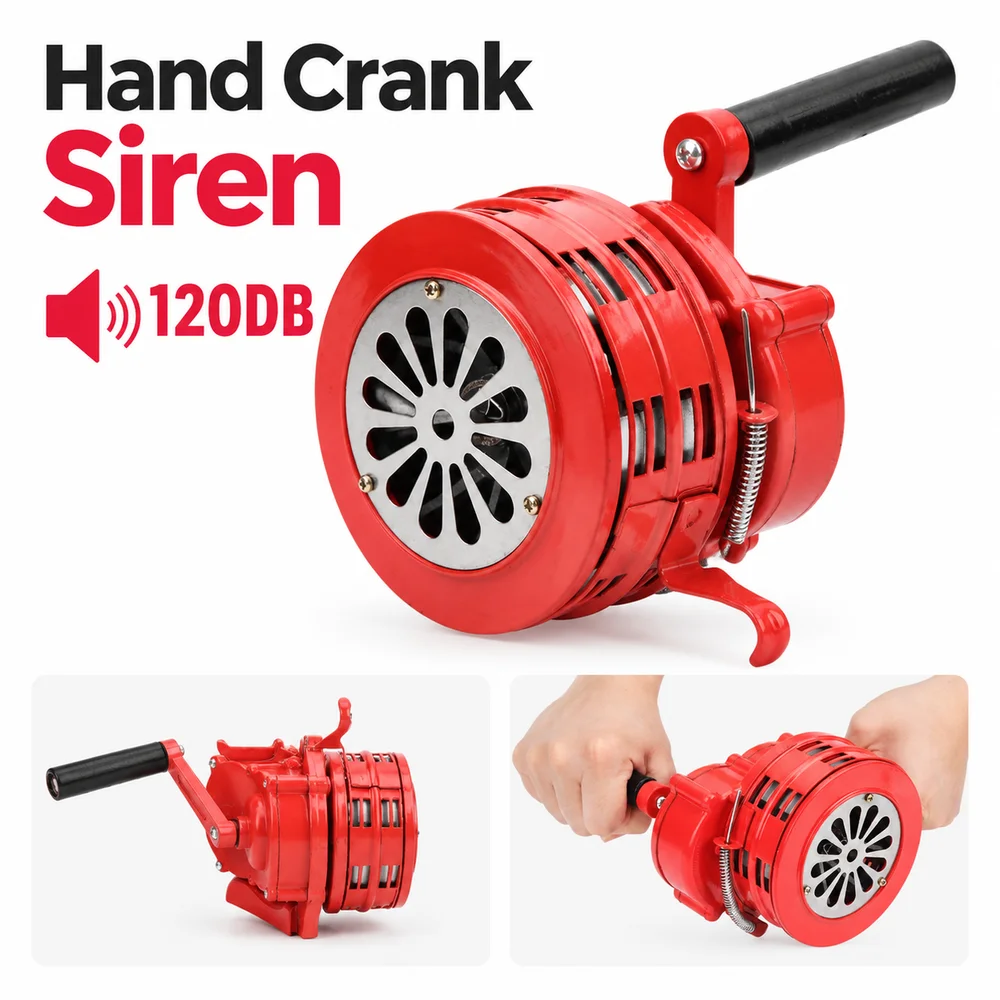 1Pcs Red Hand Crank Siren 120DB Sound Hand Operated Portable Manual Alarm Metal Housing Portable Compact Design