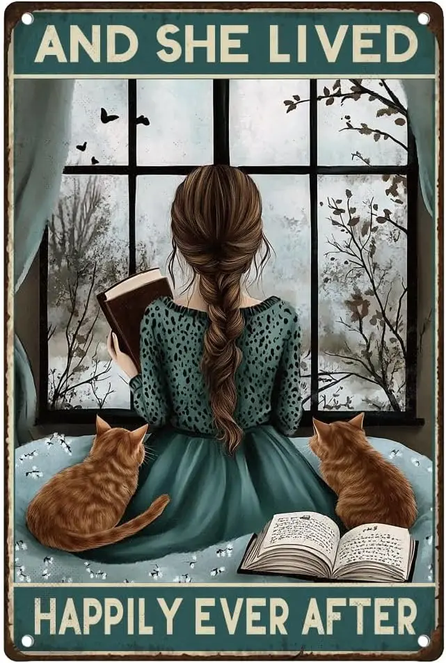 Lady and Cat Wall Decor Sign And She Lived Happily Ever After Vintage Metal Tin Sign for Wall Decoration,Wall Sign Gift