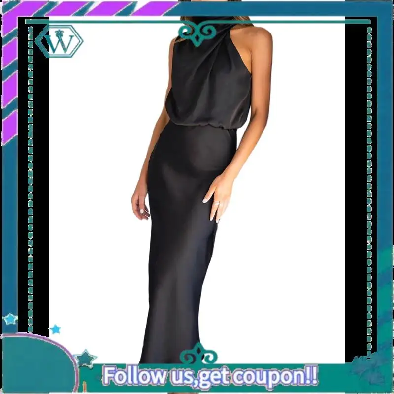 A09P Abito estivo in raso da donna 2025 Abiti lunghi da cocktail party eleganti senza maniche con collo a lupetto