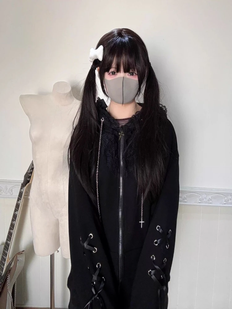 

Японское кружевное лоскутное пальто Kawaii с кошачьими ушками, женское милое темное готическое свободное пальто с карманами Y2K, гранж-бинты, толстовки на молнии, топ