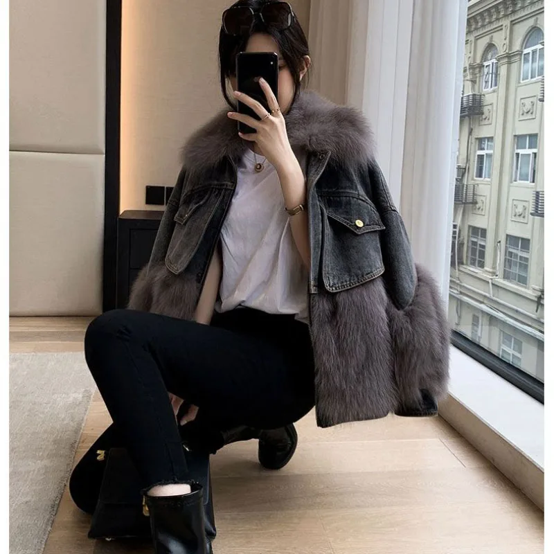 Stitching Denim Jacket Women\'s Overcoat New Winter Thicke Warm Jeans Parker Coat Loose Big Hair Collar Pie Overcome Cotton Coat