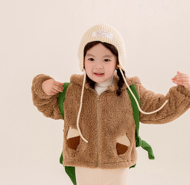 

Baby Girls Cute Fleece Thick Wool Coat Children 2024 New Autumn Winter Fashion Cartoon Simple Casual Coat Korean Sweet Style