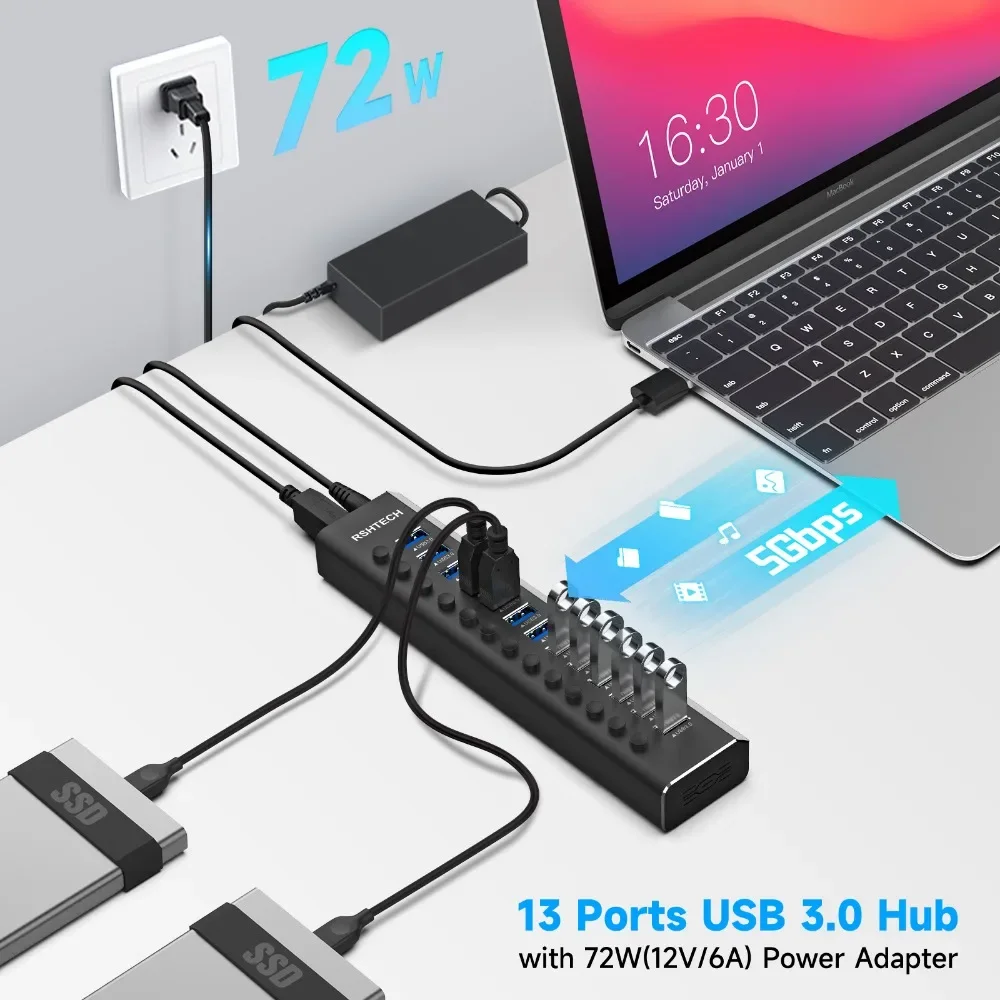 RSHTECH USB Hub Aluminum 13 Port USB 3.0 Hub with 12V/6A Power Adapter and Individual On/Off Switches USB Splitter for PC Laptop