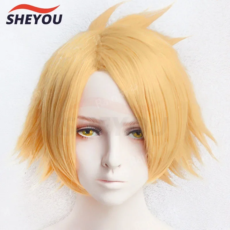 Anime My Hero Hero Academia Denki Kaminari Wigs Short Golden Heat Resistant Synthetic Cosplay Wig + Wig Cap + Black Lightening